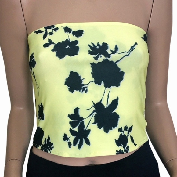 πΈ Nordstrom Open Edit Yellow and Black Floral Bandeau Top Cropped Tank NWOT - Picture 2 of 12
